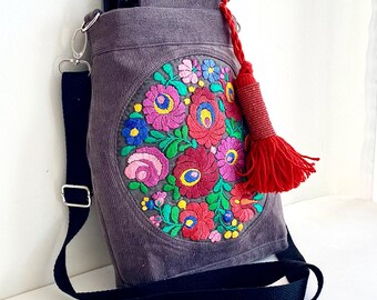 MATYO ROSE OOAK Handbag – Hungarian Folk Embroidery Bag, Grey Corduroy Purse, Floral Crossbody, Vintage Textile, Statement Artisan Bag