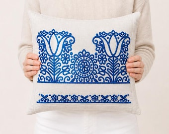 Blue Embroidered Hungarian Pillow Cover, Folk Art Cushion