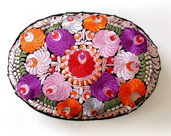 Colorful Matyo Hungarian Hand Embroidered Oval Pillow,  Folk Art Gift, Traditional Hungarian Cushion 18x14x4 Inch, 47x35x10 cm