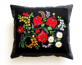 Kalocsai  Folk Art Needlework Pillow Case, Embroidered Pillow, Floral Pattern, Traditional Hungarian Folklor, 19x17 Inch