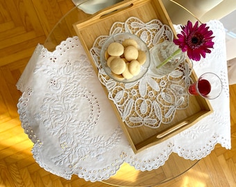 Hungarian Madeira Tablecloth, Hand Embroidered Home Decoration, Vintage Embroidery, Spring White Floral Table Decor, 37x75cm