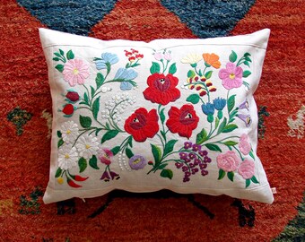 Hungarian Colorful Traditional "Kalocsai" Folk Cushion Cover, Rustic Hand Embroidered Pillow Case  21x16 Inch,53x41 cm