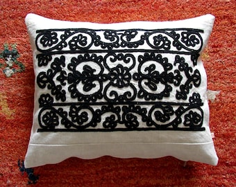 Black Embroidered Hungarian Needlework Pillow Case, Transylvanian Traditional "Írásos" Cushion Cover,  Folk Art Gift  19x16 Inch, 49x40cm