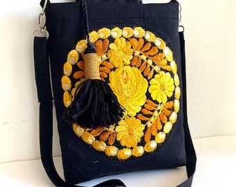 MATYO ROSE OOAK Handbag – Hungarian Gold Embroidery Bag, Vintage Textile Purse, Floral Crossbody, Black Statement Bag