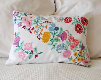 Hand Embroidered Floral Pillow Cover: Hungarian Folk Art (19x14 Inch)