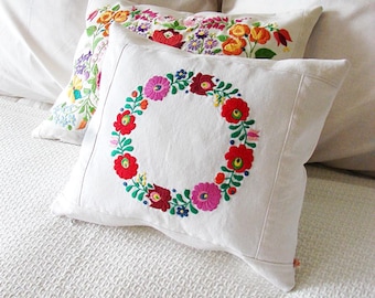 Embroidered Flower Wreath Pillow Cover: Hungarian Folk Art Cushion (16x14 Inch)