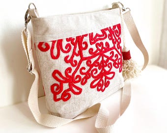 Original Hungarian Folk Art Hand Embroidered Linen Shoulder Bag, Folk Masterpiece Gift