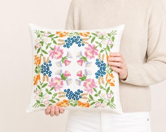 Hand Embroidered Kalocsa Pillow Cover, Hungarian Folk Art Linen Cushion (17x16.5 Inch)
