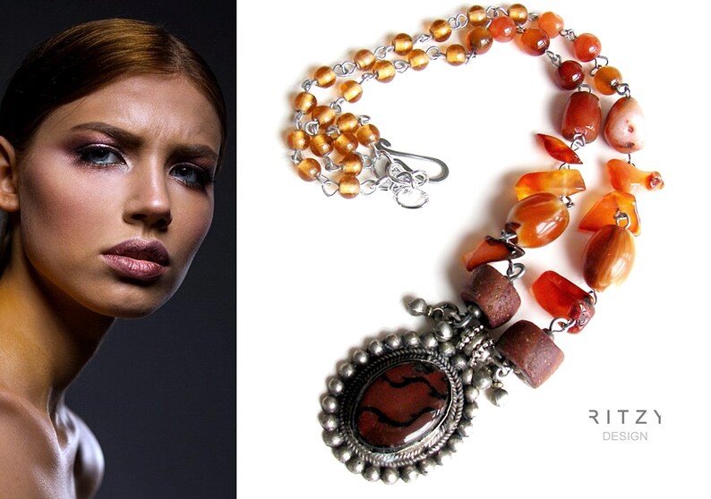 Carnelian Pendant and Amber and Carneol Tribal Jewelry image 0