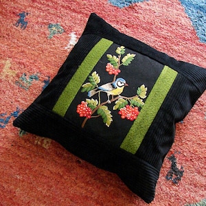 Art Needlework Pillow Case, Silk Embroidered Pillowcase /Ornithological Embroidery, Masterpiece of Hungarian Craftsmanship  16,5x16,5 Inch