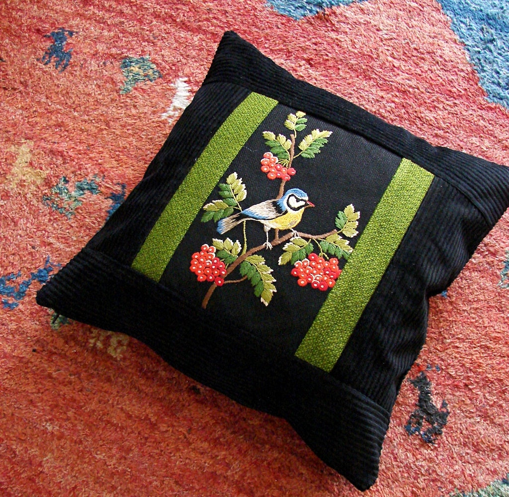 Silk Embroidered Bird Pillow Cover, Vintage Hungarian Needlework