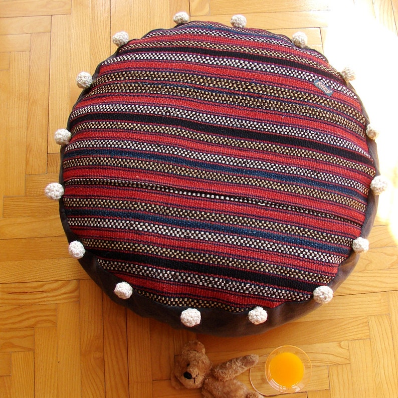 Soft Kilim Playroom Pouf Round Pom Pom Floor Pillow Large image 0