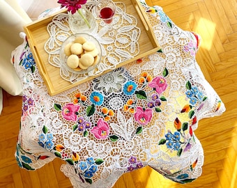 Hand-Embroidered Kalocsa Richelieu Lace Tablecloth, Authentic Hungarian Folk Art, Heritage Home Decor, 90cmx91cm