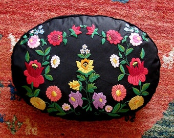 Matyo Hungarian Folk Hand Embroidered Oval Pillow, Colorful Art Gift, Traditional Hungarian Cushion 18x14x4 Inch, 47x35x10 cm