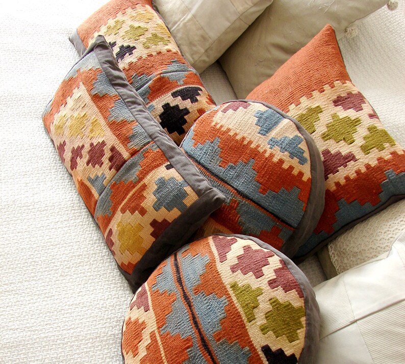 Ottoman Pillow Rust Lumbar Ethnic Kilim Cushion Shabby Shic Etsy