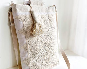 Hand-Stitched Linen Shoulder Bag, Vintage Inspired Hungarian Folk Art Embroidery