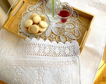 White-on-White Matyó Embroidery Table Runner – Hand-Embroidered Hungarian Folk Art – 18x40"  Hand-Crocheted Edging