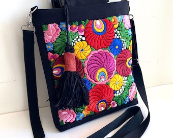 MATYO ROSE OOAK Handbag – Hungarian Folk Embroidery Bag, Black Linen Purse, Floral Crossbody, Colorful Statement Bag, Artisan Textile