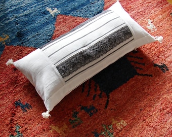 Old Hand Woven Transylvanian Traditional Oblong Cushion, Extra Long Lumbar Black And White Embroidered Pillow Case,  12x25 Inch, 30x63cm