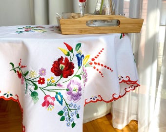 Hungarian Authentic Hand Stitched Floral Decor, Vintage Kalocsa Tablecloth, Folk Art, 31x32"