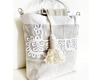 Hand Stitched Linen Tote Bag, Hungarian Embroidery, Artisan Shoulder Purse