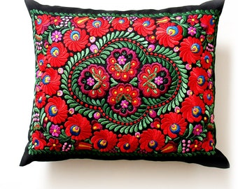 Matyó  Folk Art Silk Needlework Pillow Case, Embroidered Pillow, Floral Pattern, Traditional Hungarian Folklor, 19x22 Inch