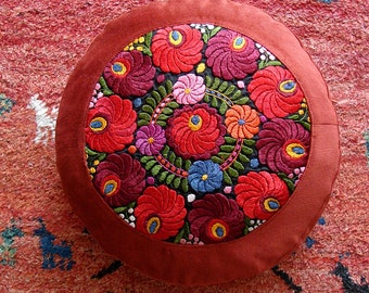 Silk Embroidered Matyo Round Pillow, Hungarian Handmade Folklor Gift, Traditional Hungarian Cushion, Farmhouse Pillow  15 x 3 Inch, 38x6cm