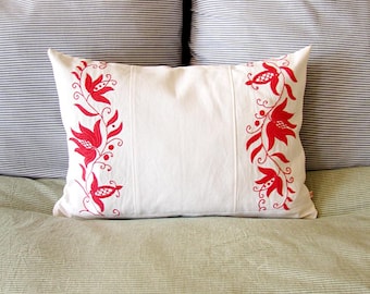 Red Floral Hand Embroidered Cushion: Vintage Hungarian Folk Art Pillow Cover
