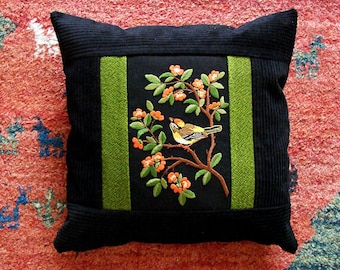 Embroidered Ornithology Needlework Pillow Case, Colorful  Pillowcase /Bird Embroidery, Masterpiece of Hungarian Craftsmanship 16,5x16,5 Inch