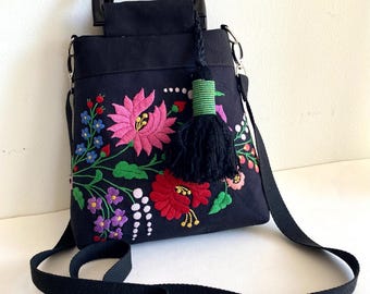 MATYO ROSE OOAK Handbag – Hungarian Folk Embroidery Bag, Black Linen Purse, Floral Boho Crossbody, Artisan Statement Bag, Unique Gift
