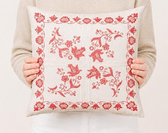 Pink Floral Hand Embroidered Pillow: Vintage Hungarian Folk Art Cushion