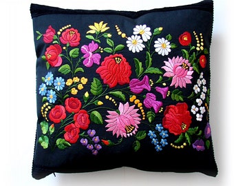 Matyó  Folk Art Silk Needlework Pillow Case, Embroidered Pillow, Floral Pattern, Traditional Hungarian Folklor, 19x18 Inch