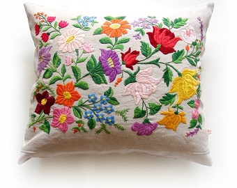 Hand Embroidered Hungarian Pillow Case, Traditional "Kalocsai" Folk Cushion Cover 16x19 Inch.