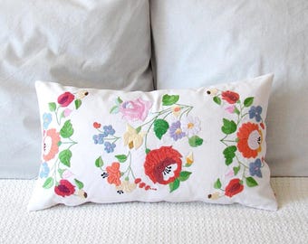 Oblong Traditional "Kalocsai" Folk Cushion Cover, Hand Embroidered Hungarian Pillow Case 21,5x12,5 Ich,55x32cm