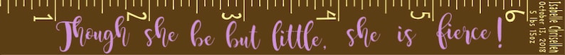 May include: A wooden ruler with a brown background and yellow markings. The ruler has the quote "Though she be but little, she is fierce!" in lavender script. The ruler also has a name and date.