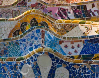 Digital Image Mosaic tiles of Parc Guell. It's part of the UNESCO World Heritage Site "Works of Gaudi". Barcelona, Catalonia, Spain