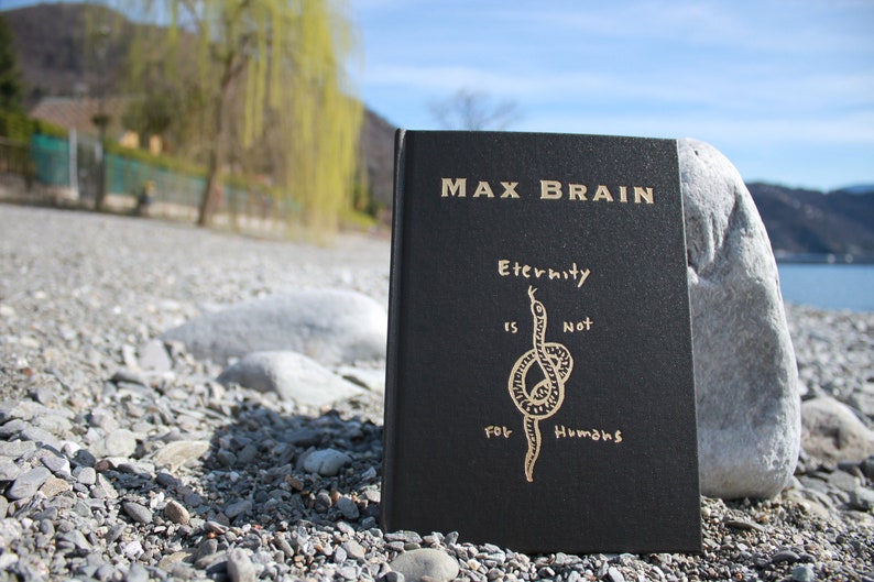 May include: A black book with gold lettering titled "Max Brain" and the text "Eternity is not for Humans" with a gold snake illustration. The book is sitting on a bed of gray rocks.