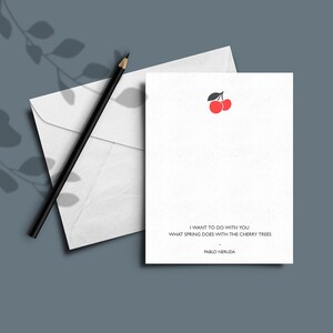 Tarjeta de felicitación con cita Love Cherry. Tarjeta de aniversario. Tarjeta de boda. Tarjeta de San Valentín. Tarjeta de primer aniversario. Tarjeta con cita tipográfica. Unisex. Diseño moderno.