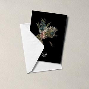 ありがとうフラワーカード 黒のグリーティングカード - 内側は空白 - 花柄、青い花。花の感謝、母、妹、空白のメッセージ - ルネッサンス