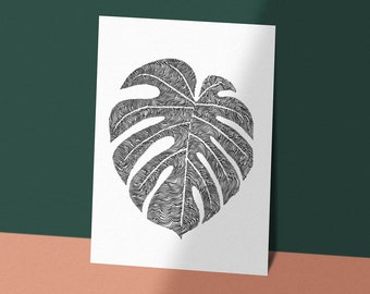 Cheese Plant Monstera Deliciosa Leaf A1 Print. Swiss Cheese Plant. Modern Minimal Poster. Galley Wall art.  Black and White Poster. Gift.