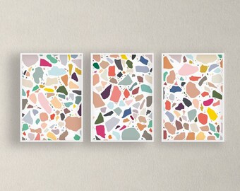 Set of 3 A4 Terrazzo prints. Quality wall art. Abstract modern print. Colourful Mid Century Modern poster. Home décor.  Print set. Pattern