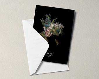 Thank You Flower Card black Greeting Card - blank inside  - floral, blue flowers. flower thanks, mum, sister, blank message - renaissance