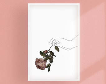 Renaissance Rose and Hand Illustration. Wall Art Fine Art Print. Floral flower poster bedroom art. Gallery Wall, Rose print. Floral print.