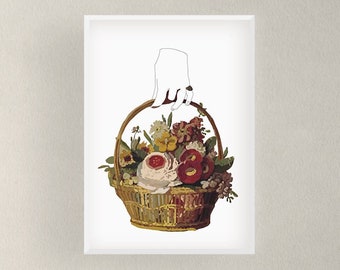 Flowers in Basket Illustration Print. Home Decor, Wall Art, Botanicals, Flower, Floral, for bedroom, poster, Print for bedroom, entryway