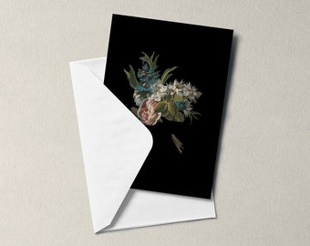 Renaissance Flower Card black - Greeting Card - blank inside - Birthday - floral design, notecard-  thank you - get well soon - teachers