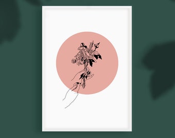 Minimal Hand Holding Flowers. Home Decor, Wall Art, Botanicals, Flower Bunch, Floral, for bedroom, minimalist poster, Print for bedroom,