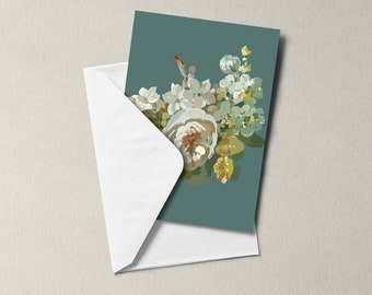 Green Renaissance  Flower Note Card Greeting Card - blank inside  - floral design, notecard-  thanks, Thank you, mum, sister, teacher, gift