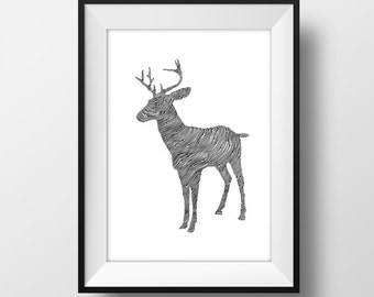 SUPER SALE*** Stag Line and Circle Illustration Print - Ink- Drawing - Art