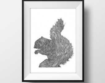 SUPER SALE*** Squirrel Line and Circle Illustration Print - Ink- Drawing - Art