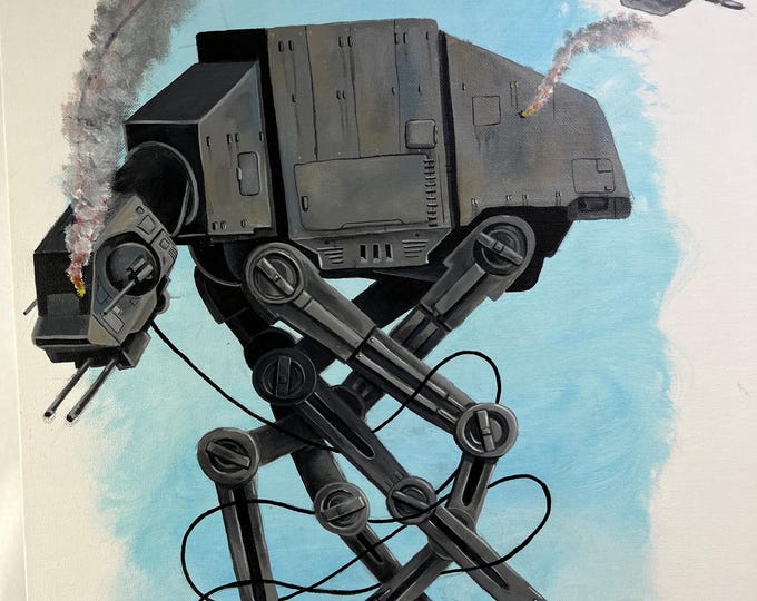 Snow Speeder vs Walker Painting: Sci-Fi Acrylic Art (12x16 in)